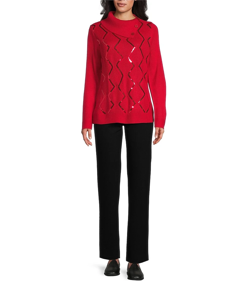 Allison Daley Petite Size Long Sleeve Envelope Neck Rib Trim Sequin Sweater