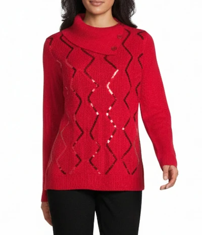 Allison Daley Petite Size Long Sleeve Envelope Neck Rib Trim Sequin Sweater