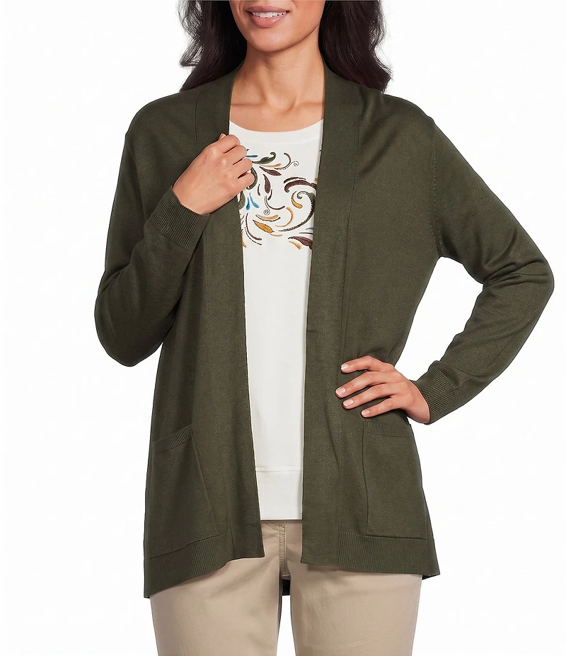 Allison Daley Petite Size Long Sleeve Open-Front Rib Trim Cardigan
