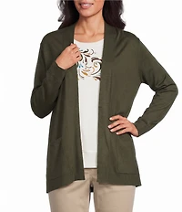 Allison Daley Petite Size Long Sleeve Open-Front Rib Trim Cardigan