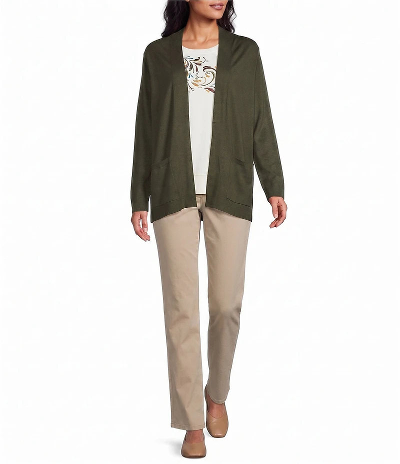 Allison Daley Petite Size Long Sleeve Open-Front Rib Trim Cardigan