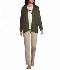 Allison Daley Petite Size Long Sleeve Open-Front Rib Trim Cardigan