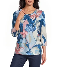 Allison Daley Petite Size Mosaic Floral Print 3/4 Sleeve Crew Neck Knit Top