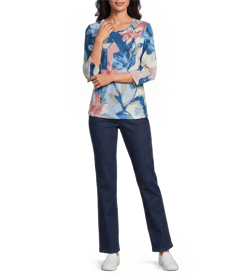 Allison Daley Petite Size Mosaic Floral Print 3/4 Sleeve Crew Neck Knit Top