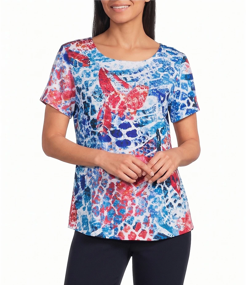 Allison Daley Petite Size Multi Animal Print Short Sleeve Crew Neck Top