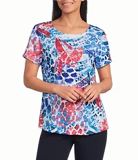 Allison Daley Petite Size Multi Animal Print Short Sleeve Crew Neck Top