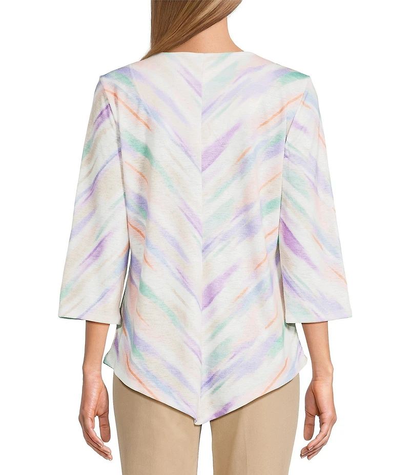 Allison Daley Petite Size Multi Brush Stripe 3/4 Sleeve Crisscross V-Neck Knit Top