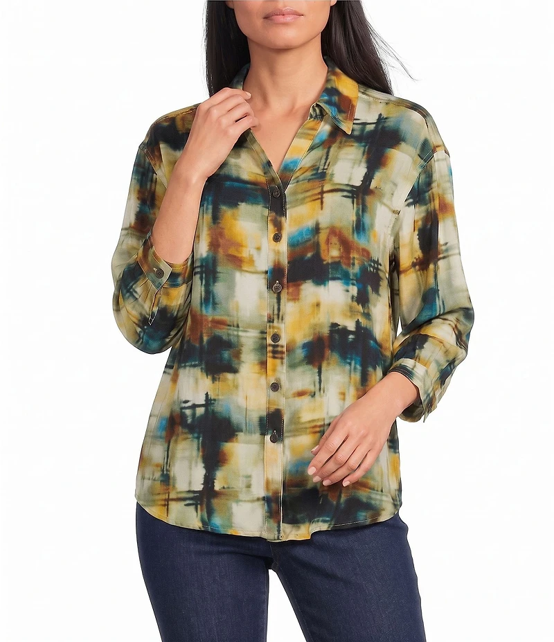 Allison Daley Petite Size Multi Check 3/4 Sleeve Button Front Point Collar Blouse