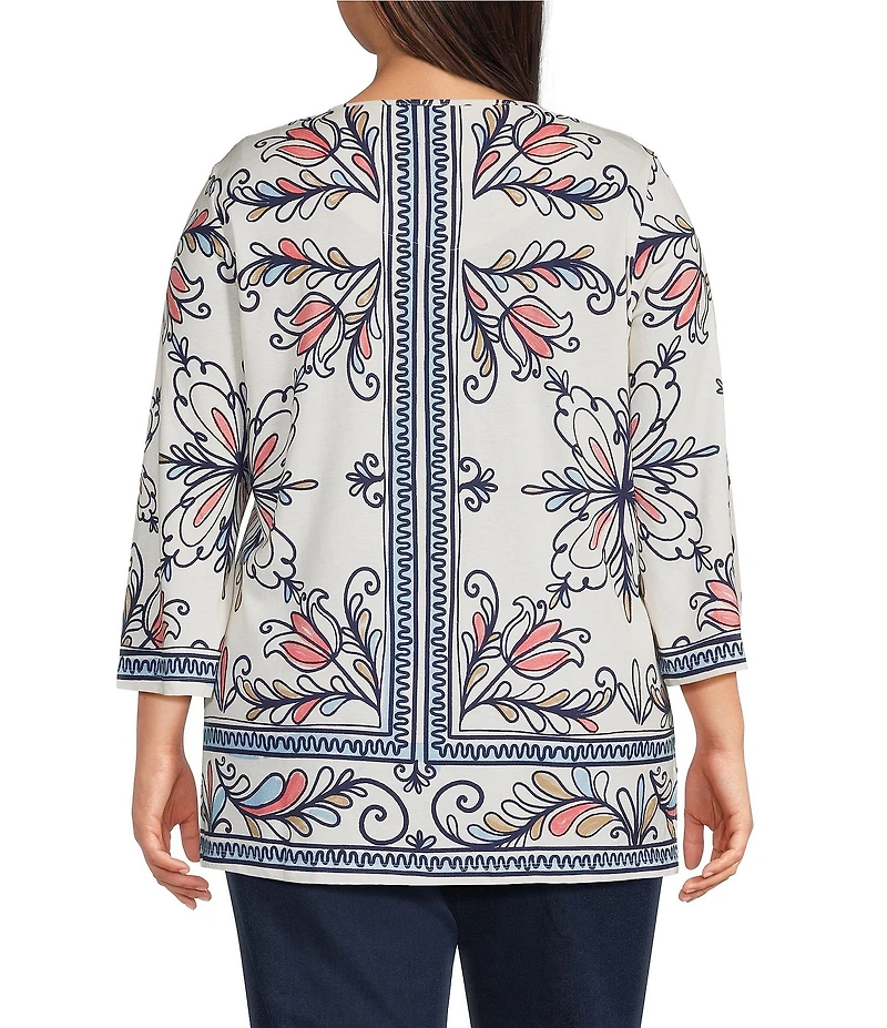 Allison Daley Petite Size Multi Floral Muse Print 3/4 Bell Sleeve Crew Neck Top