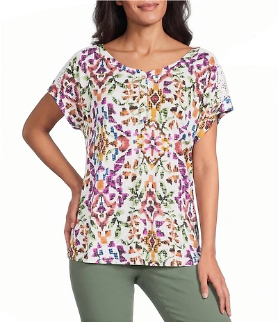 Allison Daley Petite Size Multi Mosaic Pattern Short Sleeve V-Neck Knit Top