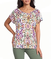 Allison Daley Petite Size Multi Mosaic Pattern Short Sleeve V-Neck Knit Top