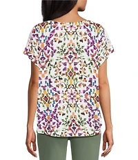 Allison Daley Petite Size Multi Mosaic Pattern Short Sleeve V-Neck Knit Top