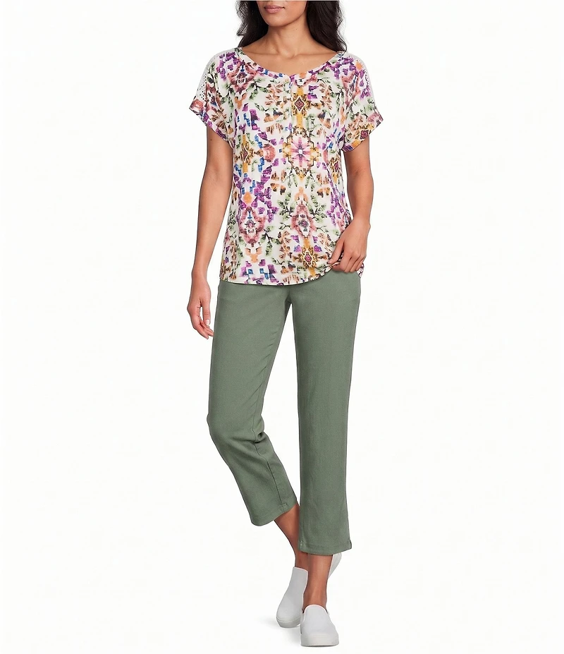 Allison Daley Petite Size Multi Mosaic Pattern Short Sleeve Scoop Neck Knit Top