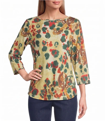 Allison Daley Petite Size Multi Spot 3/4 Sleeve Boat Neck Knit Top