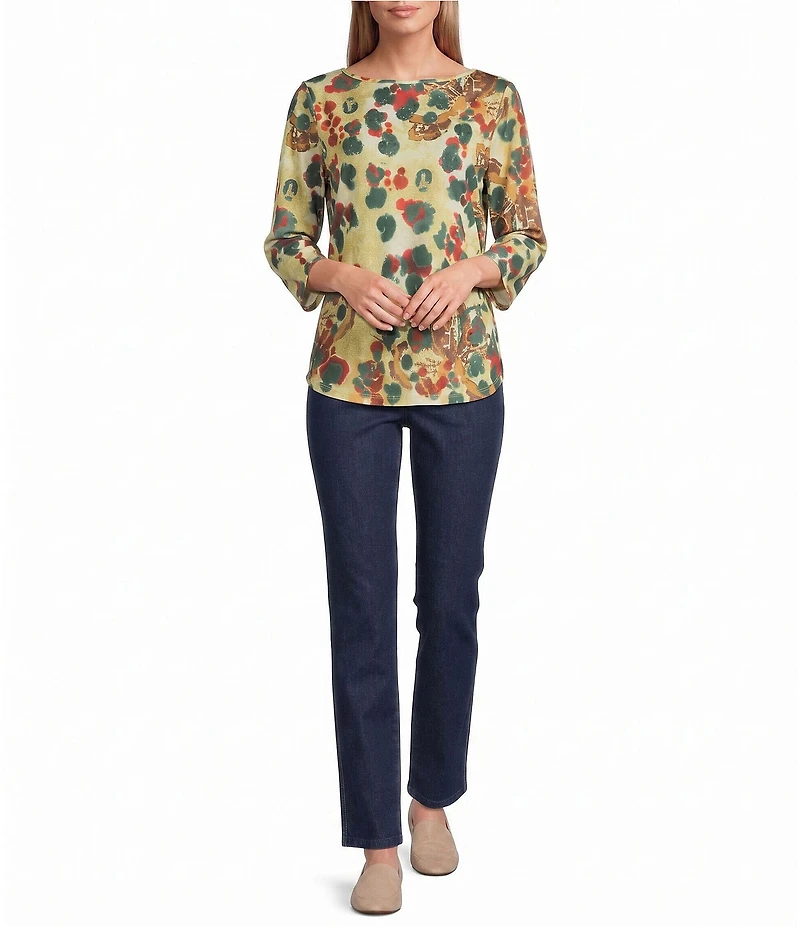 Allison Daley Petite Size Multi Spot 3/4 Sleeve Boat Neck Knit Top
