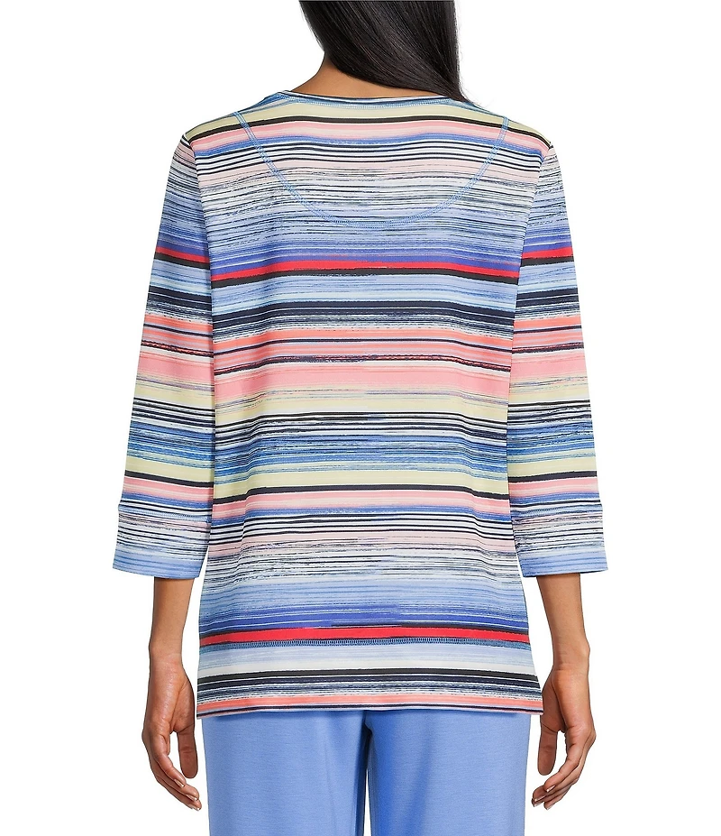 Allison Daley Petite Size Multi Stripe Embellished 3/4 Sleeve Crew Neck Scuba Knit Top