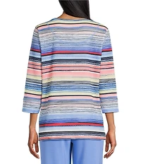 Allison Daley Petite Size Multi Stripe Embellished 3/4 Sleeve Crew Neck Scuba Knit Top