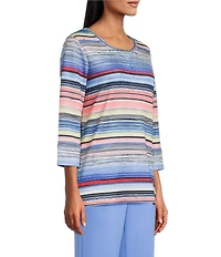 Allison Daley Petite Size Multi Stripe Embellished 3/4 Sleeve Crew Neck Scuba Knit Top