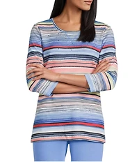 Allison Daley Petite Size Multi Stripe Embellished 3/4 Sleeve Crew Neck Scuba Knit Top