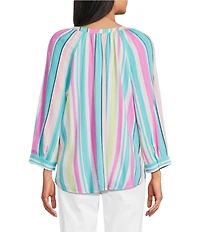 Allison Daley Petite Size Multi Stripe Print 3/4 Sleeve Y-Neck Blouse