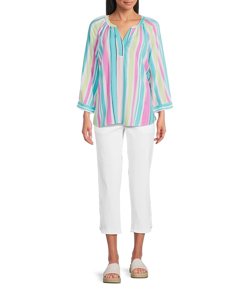 Allison Daley Petite Size Multi Stripe Print 3/4 Sleeve Y-Neck Blouse
