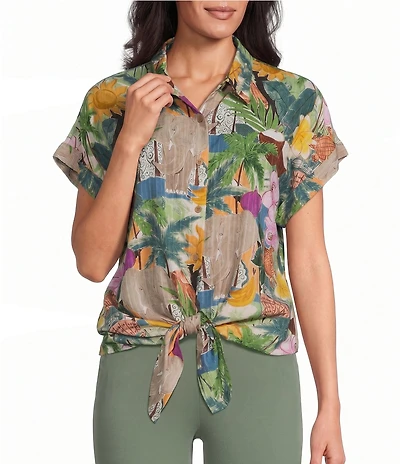 Allison Daley Petite Size Multi Tropics Print Short Sleeve Point Collar Button Front Tie Hem Top