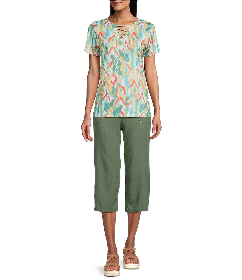 Allison Daley Petite Size Natural Ikat Print Short Sleeve Criss-Cross Keyhole Neck Short Sleeve Jersey Knit Top
