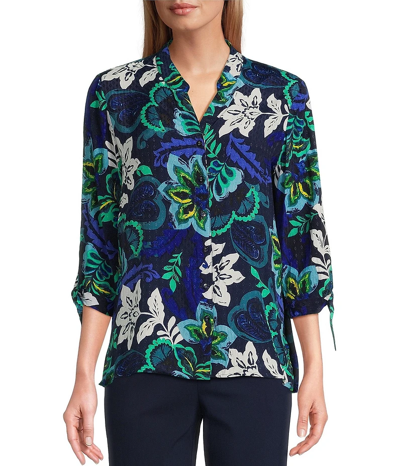 Allison Daley Petite Size Navy Arabesque Print 3/4 Tie Sleeve Y-Neck Button Front Blouse