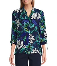 Allison Daley Petite Size Navy Arabesque Print 3/4 Tie Sleeve Y-Neck Button Front Blouse