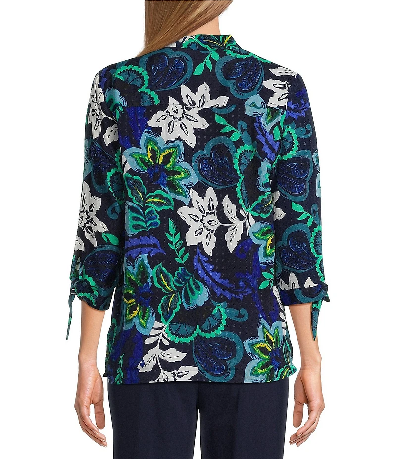 Allison Daley Petite Size Navy Arabesque Print 3/4 Tie Sleeve Y-Neck Button Front Blouse