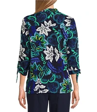 Allison Daley Petite Size Navy Arabesque Print 3/4 Tie Sleeve Y-Neck Button Front Blouse