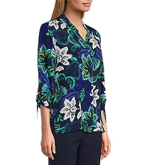 Allison Daley Petite Size Navy Arabesque Print 3/4 Tie Sleeve Y-Neck Button Front Blouse