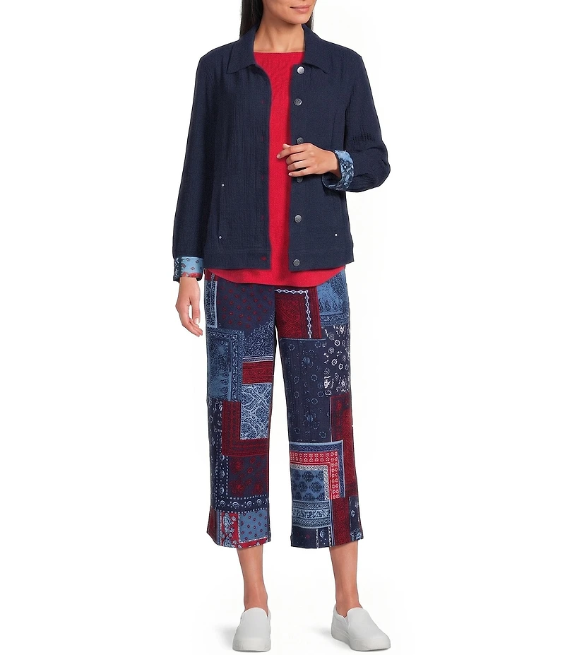 Allison Daley Petite Size Navy Bandana Patchwork Pull-On Crinkle Soft Crop Pants