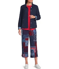 Allison Daley Petite Size Navy Bandana Patchwork Pull-On Crinkle Soft Crop Pants