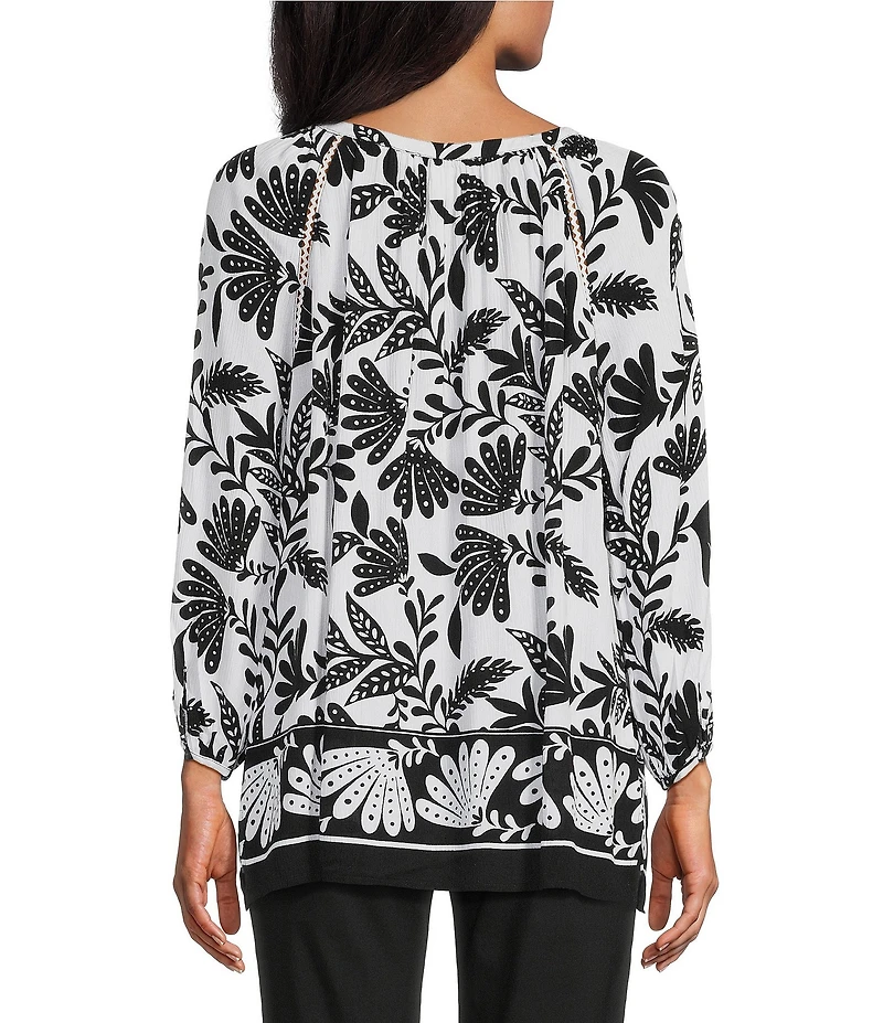 Allison Daley Petite Size Palm Border Print 3/4 Sleeve Partial Button Front Crew Neck Blouse