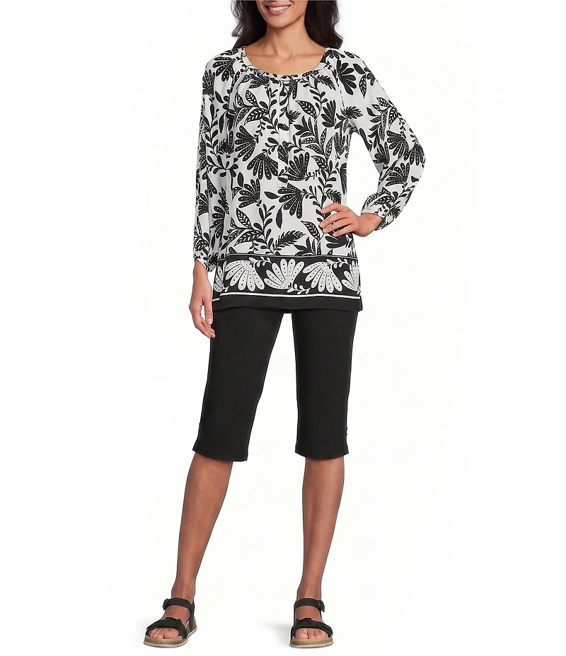 Allison Daley Petite Size Palm Border Print 3/4 Sleeve Partial Button Front Crew Neck Blouse