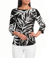 Allison Daley Petite Size Palm Contour Print 3/4 Sleeve Boat Neck Top