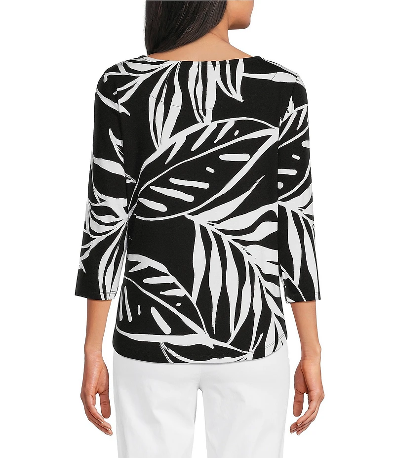 Allison Daley Petite Size Palm Contour Print 3/4 Sleeve Boat Neck Top