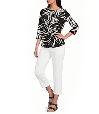 Allison Daley Petite Size Palm Contour Print 3/4 Sleeve Boat Neck Top