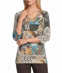 Allison Daley Petite Size Patchwork Print 3/4 Sleeve V-Neck Embellished Top