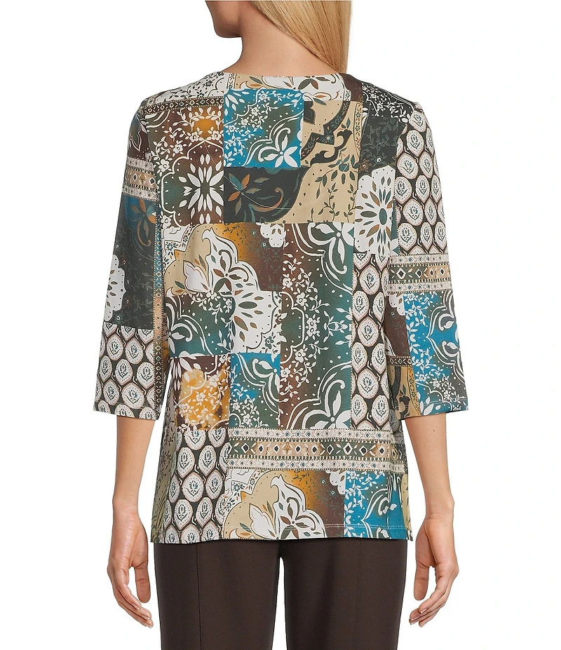Allison Daley Petite Size Patchwork Print 3/4 Sleeve V-Neck Embellished Top