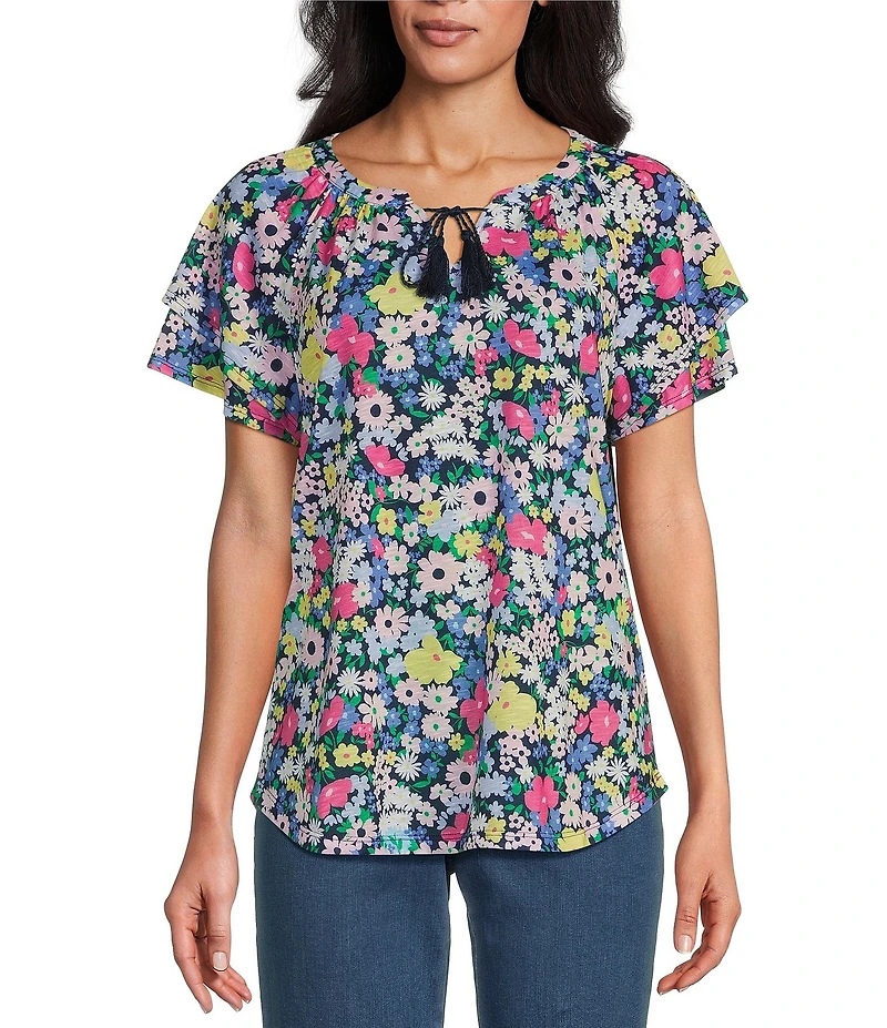 Allison Daley Petite Size Picnic Bouquet Print Flutter Sleeve Tassel Tie Neck Knit Top