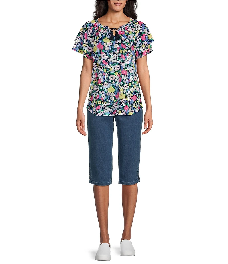 Allison Daley Petite Size Picnic Bouquet Print Flutter Sleeve Tassel Tie Neck Knit Top