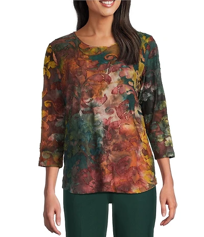 Allison Daley Petite Size Pine Grove Tie-Dye Jacquard Print 3/4 Sleeve Crew Neck Knit Top