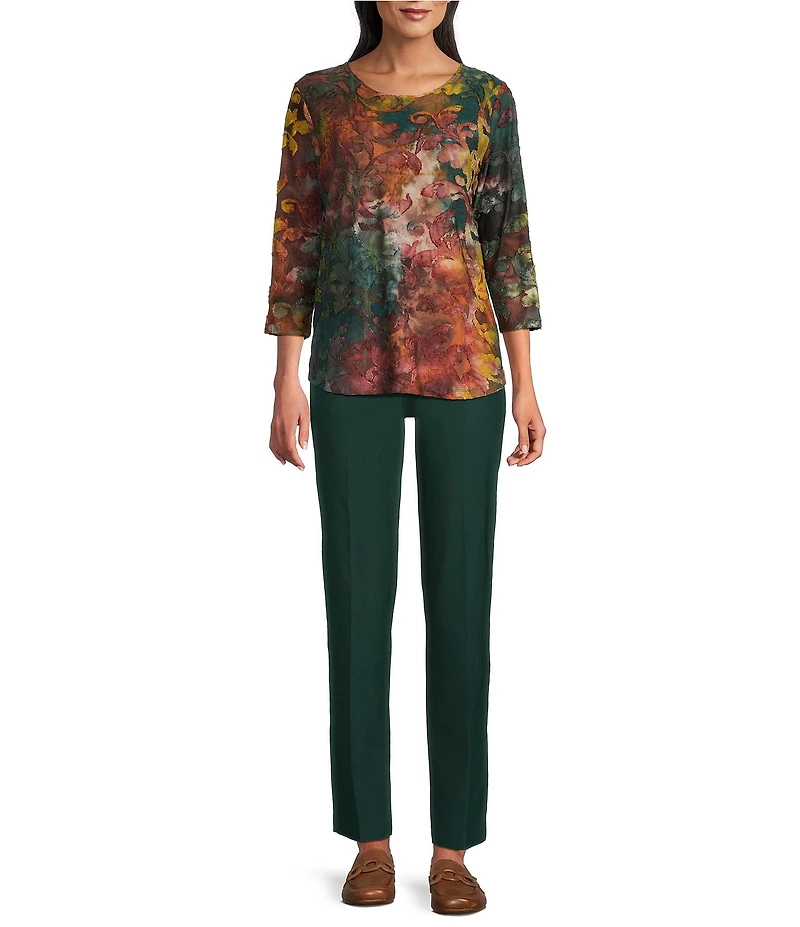 Allison Daley Petite Size Pine Grove Tie-Dye Jacquard Print 3/4 Sleeve Crew Neck Knit Top