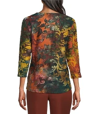 Allison Daley Petite Size Pine Grove Tie-Dye Jacquard Print 3/4 Sleeve Crew Neck Knit Top