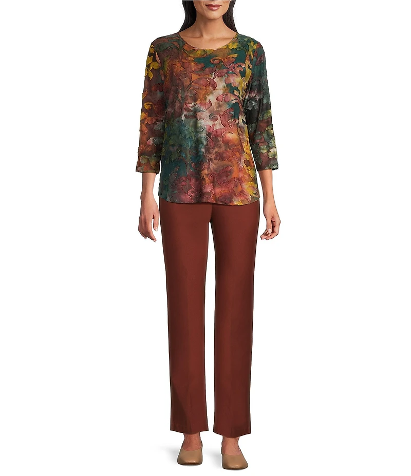 Allison Daley Petite Size Pine Grove Tie-Dye Jacquard Print 3/4 Sleeve Crew Neck Knit Top