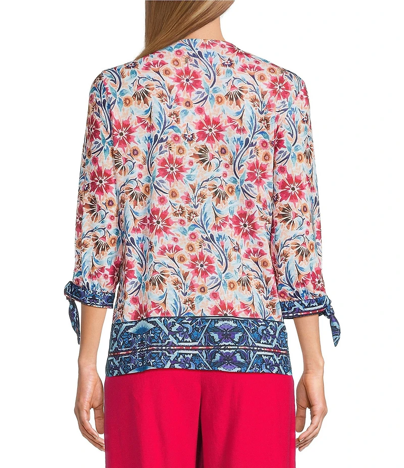 Allison Daley Petite Size Pomegranate Floral Vine Border 3/4 Tie Sleeve Keyhole Neck Knit Top