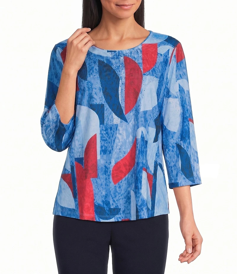 Allison Daley Petite Size Retro Abstract Print 3/4 Sleeve Crew Neck Knit Top