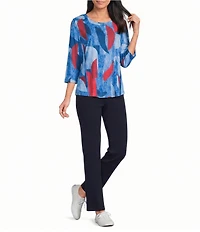 Allison Daley Petite Size Retro Abstract Print 3/4 Sleeve Crew Neck Knit Top